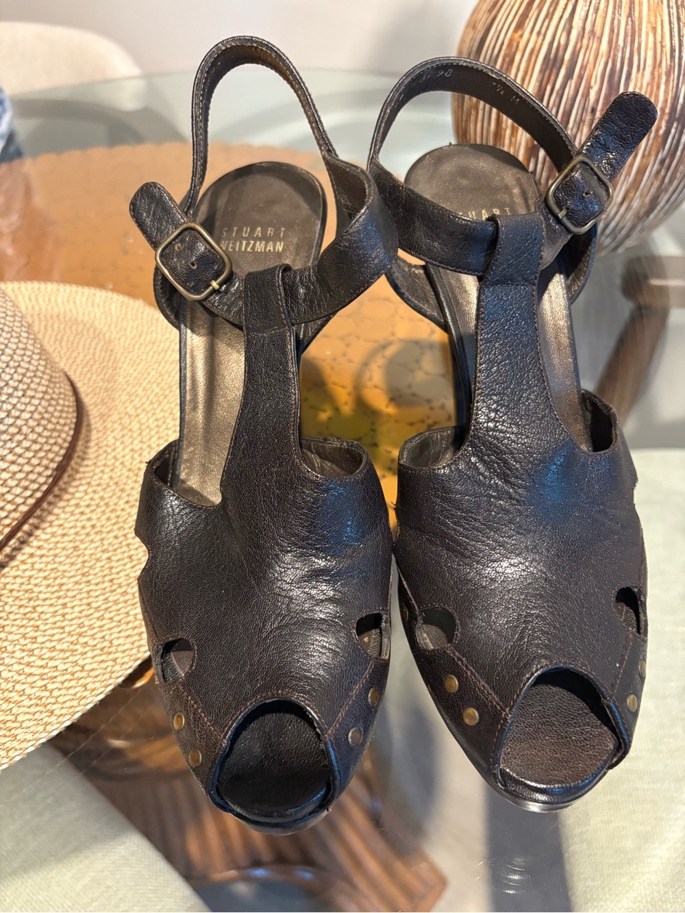 Stuart Weitzman Dark Brown Leather Peep-Toe Slingback Sandals